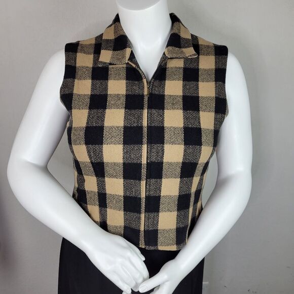 Breeches Wool‎ Buffalo Plaid Black And Tan Zip Front Collared Vest Size M - Picture 1 of 7